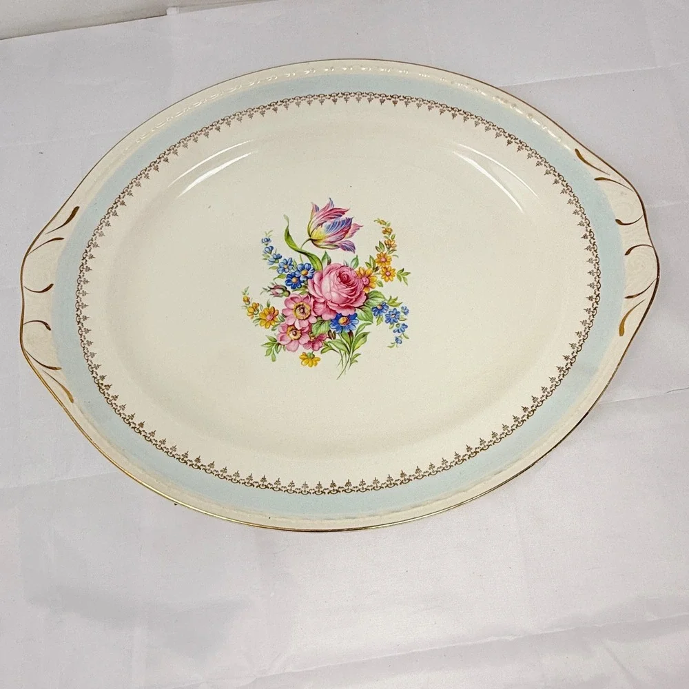 Homer Laughlin Eggshell Georgian Floral Oval Serving Platter Blue Gold Trim 15in